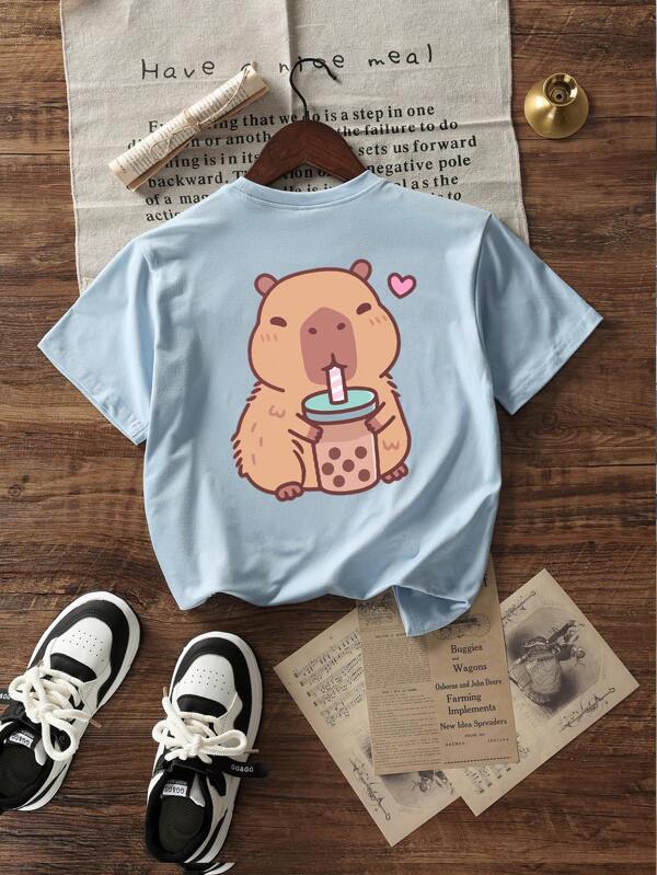 Girls & Teen Students Casual Printed Light Blue Crew Neck Short Sleeve T-Shirt Top, Summer