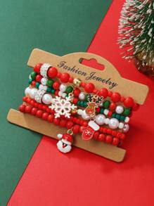 6pcs/Set Fashionable Christmas Bracelets With Pearl, Resin, Cubic Zirconia, Stainless Steel Deer, Christmas Tree, Snowflake, Snowman Charms, Handmade Beaded Bracelets Set For Women, Daily Wear, Holiday Party, Gift