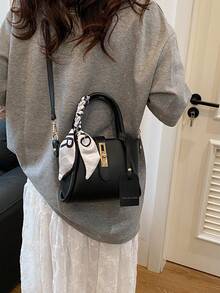 1pc Fashion Simple Buckle PU Dual Compartment Shoulder/Crossbody/Handbag With Random Scarf, Suitable For Daily Use - Black - View 2