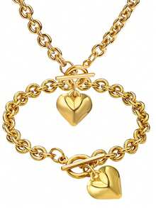 2pcs/Set 18K Gold Plated Bracelet Necklace Charm Chunky Stainless Steel Chain Heart Toggle Choker Jewelry Set For Women Girls Fashion Jewelry Set - Heart Shaped Necklace Bracelet Set - View 9