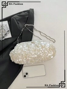 Cloud Pleated Multipurpose Sequins Party Wristlet Bag, Fashion Chain Shoulder Bag, Sequins Strap Crossbody Evening Bag - White - View 5