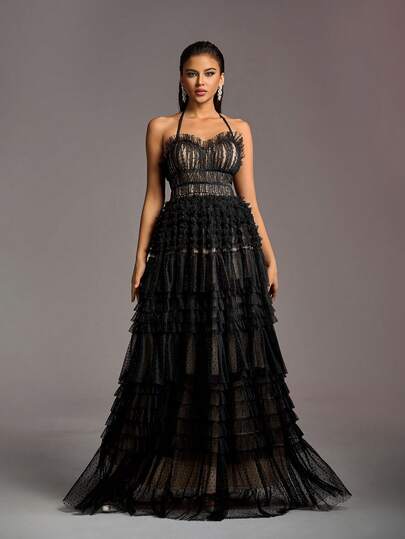 Elegant Spaghetti Strap Wedding Dress, Backless Design, Multi-Layer Ruffle Tulle Skirt - An Elegant And Mysterious Gown, Ideal For Beach Weddings, Villa Receptions, Luxury Banquets, And Intimate Evening Ceremonies.