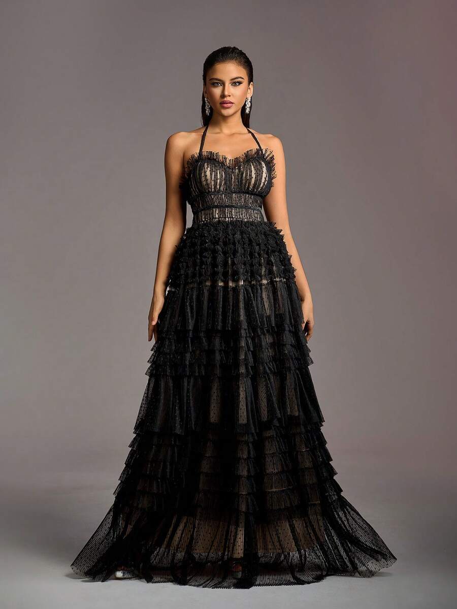 优雅吊带婚纱，露背设计，多层荷叶边薄纱裙——优雅神秘的礼服，是海滩婚礼、别墅招待会、豪华宴会和私密晚间仪式的理想之选。 - 黑色 - 查看 1