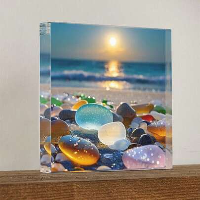 1Pc Sea Glass Beach Theme 4x4 Acrylic, Colorful Sea Glass At Sunset Desktop Decor, Beach Lover Gift, Ocean Lover Gift, Ocean Theme Desktop Decor