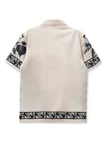 1 件男士休闲复古印花衬衫，对称花卉图案，花卉复古印花，元素，宽角领，适合户外、海滩度假 - 杏色 - 查看 5