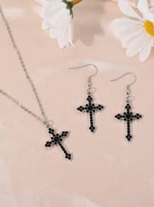 1 Peça Colar Pingente de Cruz + 1 Par de Brincos de Cruz Oca, Conjunto de Joias Femininas com Diamantes, Estilo Gótico Escuro Punk