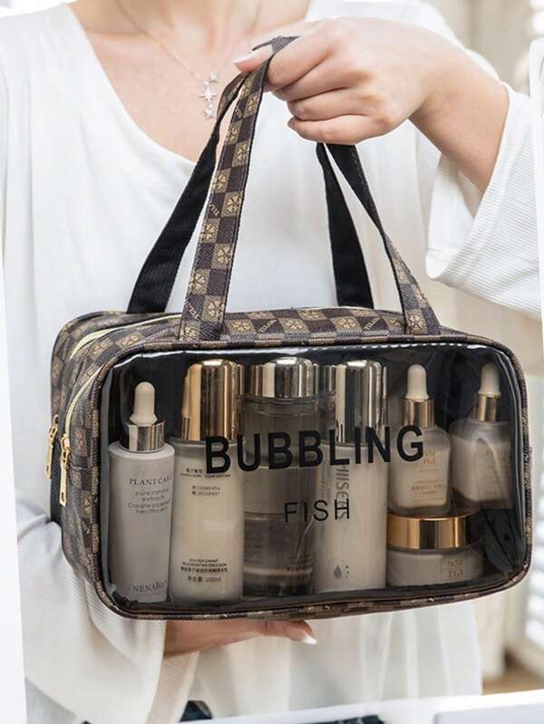 1 stuk draagbare make-up- en toilettas met grote capaciteit - waterdichte transparante PU-opbergtas met visuele weergave, metalen toilettas met rits en tussenlaag, zeer geschikt voor huidverzorging en cosmetica, opbergen van reiscosmetica | functionele cosmetische tas | strandtas | badtas voor uitrusting | modieuze bruine tas