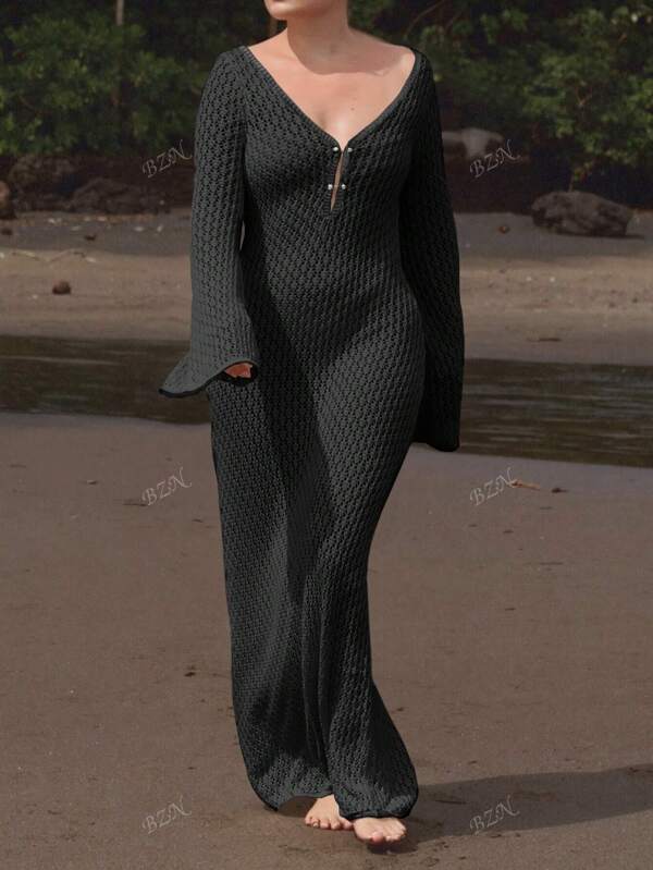 Women's Plus Size New Style Fashionable Sexy Beach Vacation Casual Hollow Long Sleeve Long Metal Nail Button Knit Loose Dress, Spring Summer Fall