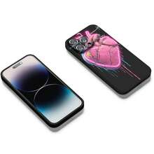 The Phone Case Features A Neon Pink Anatomical Heart Wrapped In Barbed Wire With Drips Of Blue And Pink Running Downwards. 1pc  Phone Case For Apple  16 15 14 13 12 11Plus Pro Max SE Series Phone Case For  Friends, Girlfriends, Boyfriends, Family Or Yourself. - Black - View 2