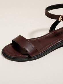 Women's Coffee Brown Flat Open Toe Strap Sandals, Minimalist Thin Strap Soft Bottom Beach One-Buckle Strap Sandals For Summer