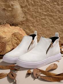 Fall/Winter 2025 Women's Ankle Boots And Short Boots, Beige Boots, Women's Flat Shoes, New Season Short Boots, Zipper Closure - White - View 7