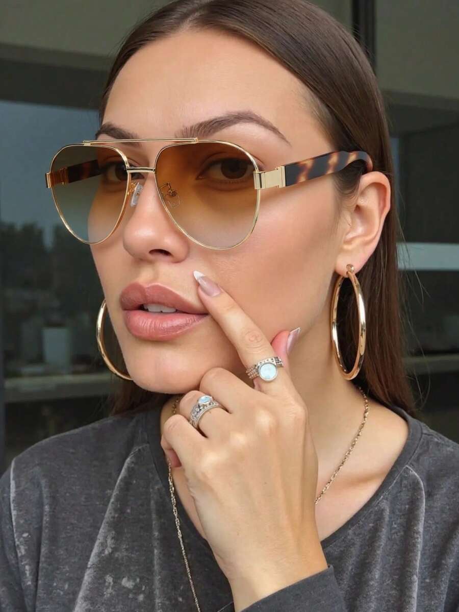 新款时尚复古双梁金属框架飞行员边框时尚眼镜，适合日常、户外、街头风格、T 台、休闲、节日派对、海滩，个性化夏季海滩度假、户外、旅行 - 彩色 - 查看 1