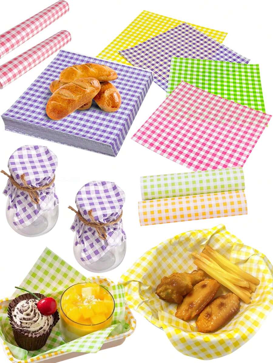 100 Stücke kariertes Wachspapier, 4 Farben anti-haftbeschichtetes ölabweisendes Papier für Sandwiches, Burger, gebratenes Hähnchen - Backen und Kochen Papierquadrate, Küchenzubehör