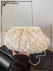 Cloud Pleated Multipurpose Sequins Party Wristlet Bag, Fashion Chain Shoulder Bag, Sequins Strap Crossbody Evening Bag - White - View 4