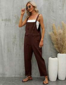 S.Gihuo Women's Linen Overalls Loose Fit Baggy Bib Wide Leg Jumpsuits Casual Summer Outfits 2025 - Brown - View 4