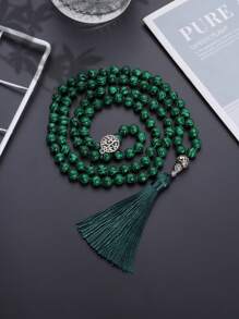 YAUKIA Collier long à gland de 8 mm, collier de perles de malachite bohème, collier de perles vertes mala, méditation, yoga, bijoux de prière pour femmes et hommes