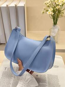 תיק כתף מינימליסטי עם רוכסן בצבע אחיד, תיק אופנתי בצורת סהר, תיק כתף עם רוכסן ארנק דמוי עור בצבע אחיד נרתיק הלבשה תחתונה בורדו, מתנה אידיאלית לשנה החדשה נרתיק הלבשה תחתונה אופנתי בצבע בורדו - כחול - ראה 3