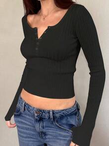 Mystra 女士休闲纽扣罗纹修身长袖毛衣/T恤，适合夏季和秋冬季节穿着 - 黑色 - 查看 5