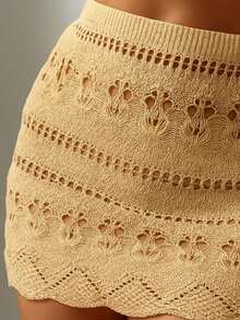 Beach Cover-Up Crochet Knit Lace Skirt With Elastic Waistband And Adjustable Waistband - Màu be - Xem 3