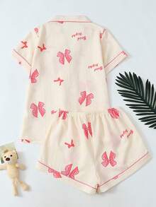 Conjunto de pijama corto con mangas cortas, estampado de moños, arrugado y con efecto globo para mujeres
