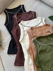Women's Basic Tank Top Wide Strap Square Neck Elegant Blouse Ribbed Fabric  Black/Beige/Chocolate - màu đen - Xem 6