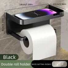 1pc Wall-Mounted Toilet Paper Holder With Storage Shelf - Black, Self-Adhesive, No-Drill Design For Bathroom, Kitchen, Or Hotel - Ideal For Holding Toilet Paper, Phone, And Accessories, Accessory Holder Modern Wall Shelf Durable Plastic, Toilet Paper Holder Back To School