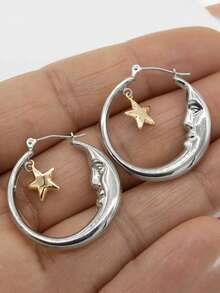 2pcs/Set Moon Portrait Geometric Hollow Out Earrings For Women, Multi-Color Metallic Fashionable And Simple For Parties And Vacations - Vàng - Xem 1