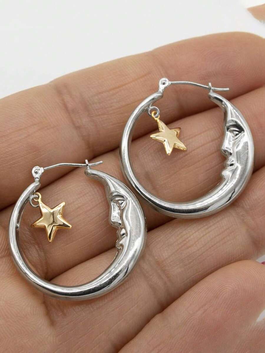 2pcs/Set Moon Portrait Geometric Hollow Out Earrings For Women, Multi-Color Metallic Fashionable And Simple For Parties And Vacations - Vàng - Xem 1