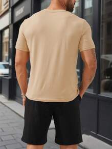 Customized Men's Outfit, Summer/Autumn Version, Khaki T-Shirt And Black Shorts, Casual, Loose Fit. Input Your Text - Name, Slogan, Fun Text, Blessing. Suitable For Boyfriend, Family, Friend's Birthday, Holiday Gift, Valentine's Day, Birthday, Anniversary Custom Gift For Him