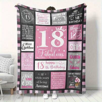 18th Birthday Celebration Wool Blanket - Soft, Warm, Machine Washable, Pink And White Plaid Design - Ideal For Home Decor, Sofa, Office Nap, Travel And Outdoor Use - Multifunctional Comfortable For All Seasons, Birthday Decoration