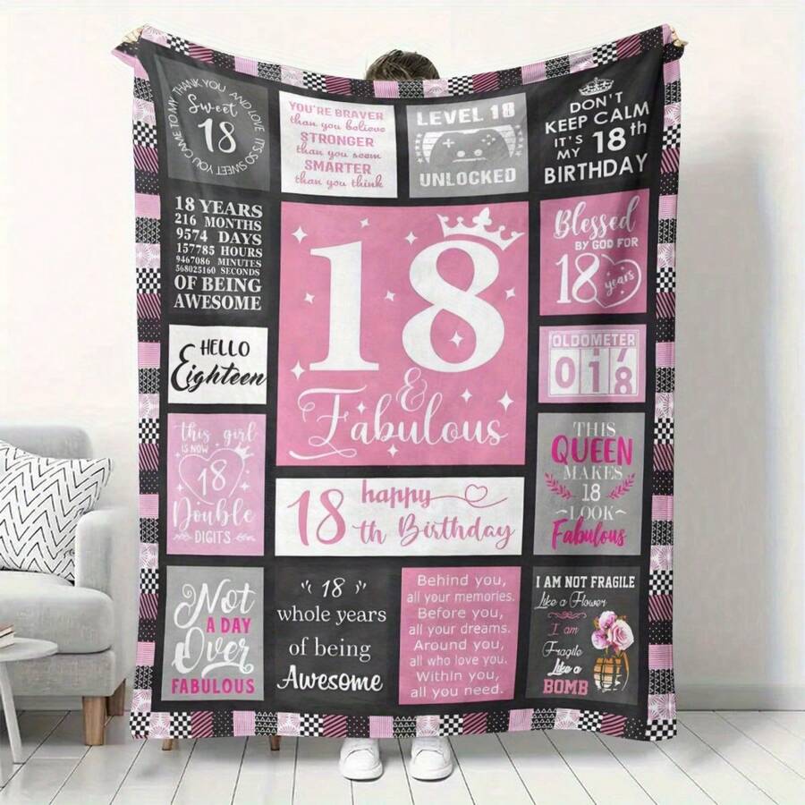 18th Birthday Celebration Wool Blanket - Soft, Warm, Machine Washable, Pink And White Plaid Design - Ideal For Home Decor, Sofa, Office Nap, Travel And Outdoor Use - Multifunctional Comfortable For All Seasons, Birthday Decoration - Multicolor - View 1