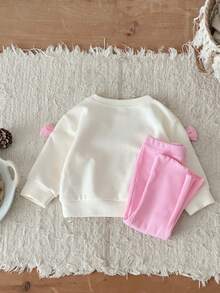 2 件套女婴可爱 3D 蝴蝶结长袖卫衣 + 裤子套装，春秋装 - 米色 - 查看 7