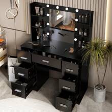 Large Vanity Desk With Lighted Mirror & Drawer Dressing Table LED Lights - Black Dressing Table Set With Drawers And Open Shelves