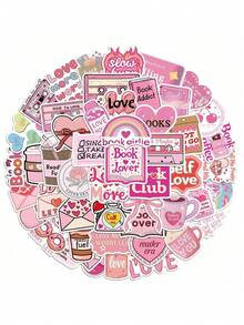 50pcs Book Lover-Themed Pink Stickers For Luggage, Phone Case, Tablet, Cartoon, School Supplies,Back To School - Multicolor F - View 8