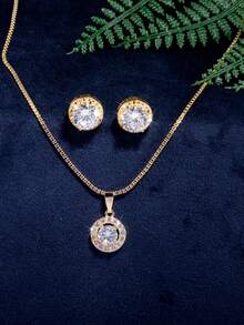 rakol 3 pezzi Set di gioielli con collana e orecchini classici tondi decorati con zirconi cubici per donne - Dorato - Visualizzare 3