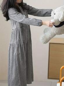 女童格子长袖休闲宽松连衣裙，甜美风格，适合春秋季派对礼物 - 黑色 - 查看 2