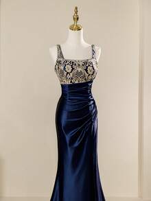 高贵奢华方领无袖图腾刺绣女士优雅开衩连衣裙 - 藏蓝色 - 查看 7