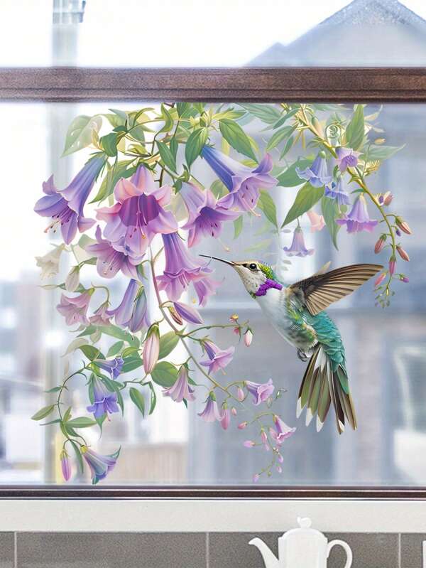 3pcs Hummingbird And Purple Flower Wall Decal - Peel And Stick Green Leaves, Removable PVC Door Art For Bathroom, Office, Bedroom, Living Room Window Decoration Removable Wall Art Floral Pattern Sticker Self-Adhesive Wall Sticker Room Decor Wall Decor Wall Stickers Stickers