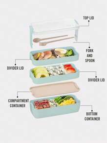 Caja de almuerzo de triple capa, 3 compartimentos, apta para microondas y lavavajillas, apilable, incluye tenedor y cuchara
