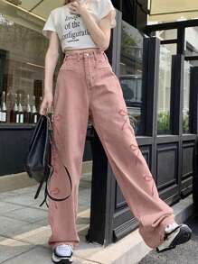 Women's Solid Color Mid-Waist Straight Loose Fit Butterfly Embroidery Casual Jeans