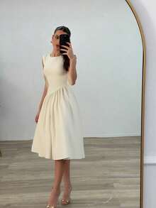 女士纯色露背吊带休闲度假通勤春夏连衣裙，优雅 - 米色 - 查看 4