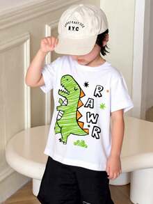 Set de 4 camisetas de T-Rex para niño de manga corta con cuello redondo, estampado de dinosaurios T-Rex, tela tipo algodón, suaves y frescas, ideales para verano, escuela, juegos al aire libre, parque, salidas casuales. Conjunto de Playeras niño Tiranosaurio Rex para edades de 3 a 7 años. - Multicolor - Ver 3