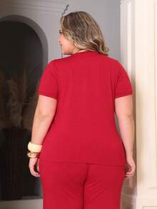 Women's Plus Size Set Of Sweatpants And Short-Sleeved Top - 紅色 - 查看 5