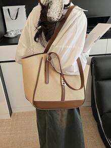 Women's Casual Canvas Splicing Zipper Shoulder Bag With Large Capacity For Everyday Use Handbags - Brown - View 4