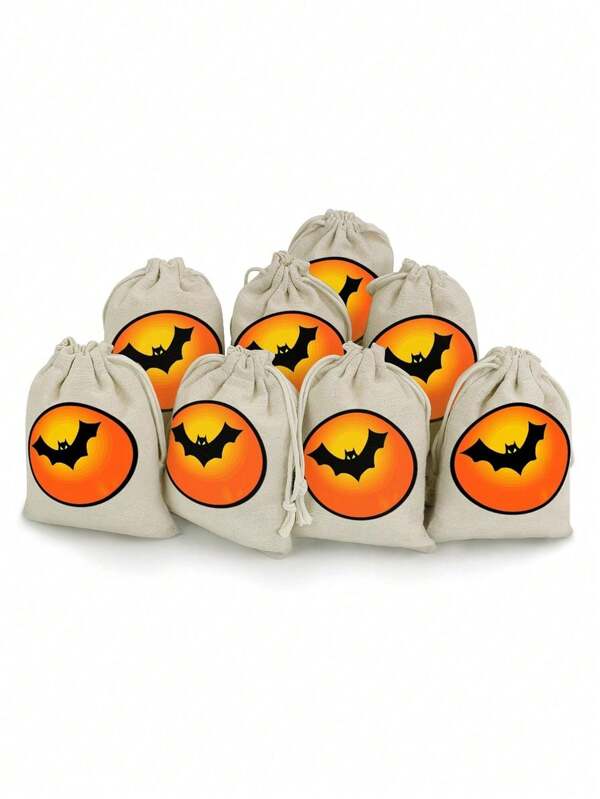 5pcs Halloween Linen Drawstring Candy Bags, Party Decor Supplies, Trick Or Treat Gift Bags
