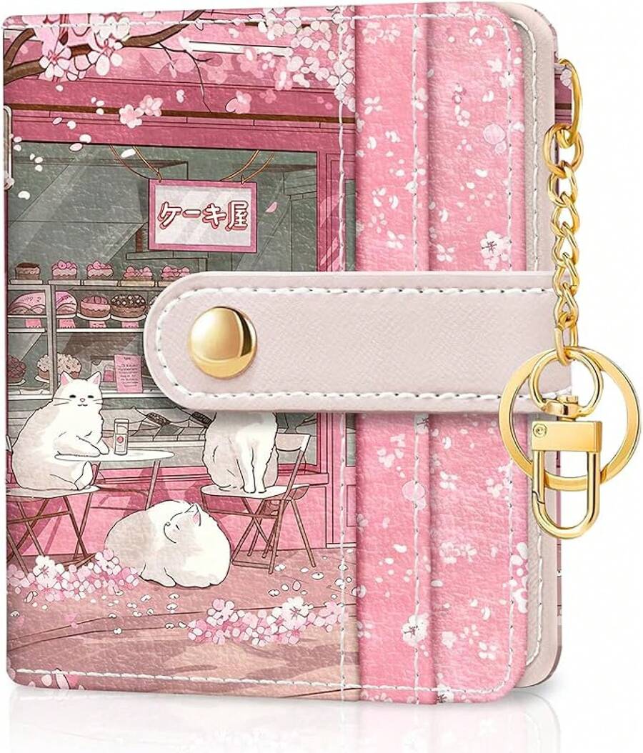 Black Cat Floral Rfid Women Wallet, Small Slim Thin Credit Card Wallet, PU Leather Bifold Cash Zipper Coin Pocket ID Window For Female Ladies Teen Girls Girly - 可愛動漫貓 - 查看 1