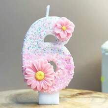 1pc Pink Flower Digit Birthday Cake Candle, Party Festival Birthday Decor Handmade Sparkling Glitter Candle - Pink Daisy - View 9