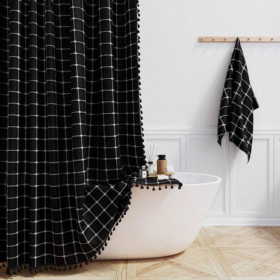 Farmhouse Shower Curtain, Linen Rustic Heavy Duty Fabric Shower Curtain Set With Tassel, Water Repellent, Bohemian Vintage Country Thick Cloth Shower Curtains For Bathroom, Sage Green, 72x72 - Black and White - View 1