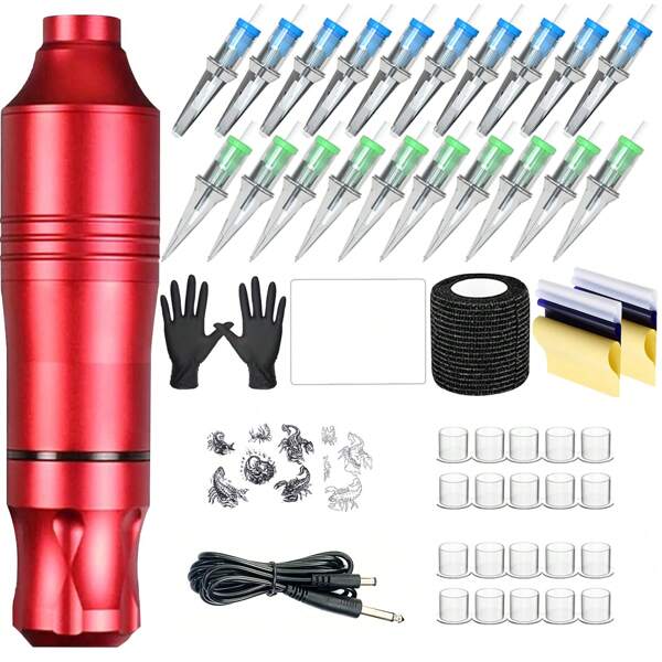 1 set Kit de tatouage, kit de tatouage sans alimentation électrique comprenant 20 pièces d'aiguilles de tatouage, 7 pièces de godets à encre de pratique, 10 pièces de capuchons d'encre de tatouage, convient pour la pratique des débutants, sans alimentation électrique nécessaire