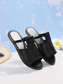 Sandalias planas para mujer, sandalias playeras doradas para exteriores, cómodas sandalias planas de estilo bohemio para vacaciones - Negro - Ver 5